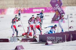08.02.2014, Sochi, Russia (RUS): Marit Bjoergen (NOR), Charlotte Kalla (SWE), Heidi Weng (NOR), Therese Johaug (NOR), Aino Kaisa Saarinen (FIN), wich falls down - XXII. Olympic Winter Games Sochi 2014, cross-country, skiathlon women, Sochi (RUS). www.nordicfocus.com. © NordicFocus. Every downloaded picture is fee-liable.