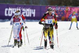 08.02.2014, Sochi, Russia (RUS): Coraline Hugue (FRA), Claudia Nystad (GER), (l-r) - XXII. Olympic Winter Games Sochi 2014, cross-country, skiathlon women, Sochi (RUS). www.nordicfocus.com. © NordicFocus. Every downloaded picture is fee-liable.
