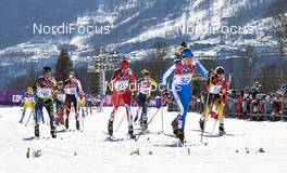 08.02.2014, Sochi, Russia (RUS): Yelena Kolomina (KAZ), Teresa Stadlober (AUT), Kornelia Kubinska (POL), Tatyana Ossipova (KAZ), Debora Agreiter (ITA), Claudia Nystad (GER), (l-r) - XXII. Olympic Winter Games Sochi 2014, cross-country, skiathlon women, Sochi (RUS). www.nordicfocus.com. © NordicFocus. Every downloaded picture is fee-liable.