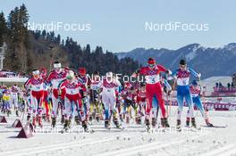 08.02.2014, Sochi, Russia (RUS): Heidi Weng (NOR), Marit Bjoergen (NOR), Therese Johaug (NOR), Charlotte Kalla (SWE), Justyna Kowalczyk (POL), Kerttu Niskanen (FIN) - XXII. Olympic Winter Games Sochi 2014, cross-country, skiathlon women, Sochi (RUS). www.nordicfocus.com. © NordicFocus. Every downloaded picture is fee-liable.