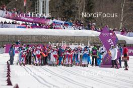 08.02.2014, Sochi, Russia (RUS): Event Feature: The field is line up for the start  - XXII. Olympic Winter Games Sochi 2014, cross-country, skiathlon women, Sochi (RUS). www.nordicfocus.com. © NordicFocus. Every downloaded picture is fee-liable.