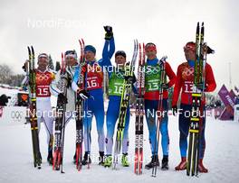 19.02.2014, Sochi, Russia (RUS): Emil Joensson (SWE), Teodor Peterson (SWE), Iivo Niskanen (FIN), Sami Jauhojaervi (FIN), Nikita Kriukov (RUS), Maxim Vylegzhanin (RUS), (l-r) - XXII. Olympic Winter Games Sochi 2014, cross-country, team sprint, Sochi (RUS). www.nordicfocus.com. © NordicFocus. Every downloaded picture is fee-liable.
