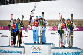 19.02.2014, Sochi, Russia (RUS): Aino-Kaisa Saarinen (FIN), Kerttu Niskanen (FIN), Ingvild Flugstad Oestberg (NOR), Marit Bjoergen (NOR), Ida Ingemarsdotter (SWE), Stina Nilsson (SWE), (l-r) - XXII. Olympic Winter Games Sochi 2014, cross-country, team sprint, Sochi (RUS). www.nordicfocus.com. © NordicFocus. Every downloaded picture is fee-liable.