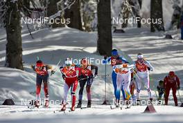 19.02.2014, Sochi, Russia (RUS): Ingvild Flugstad Oestberg (NOR), Sophie Caldwell (USA), Ida Ingemarsdotter (SWE), Aurore Jean (FRA), (l-r) - XXII. Olympic Winter Games Sochi 2014, cross-country, team sprint, Sochi (RUS). www.nordicfocus.com. © NordicFocus. Every downloaded picture is fee-liable.