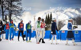 19.02.2014, Sochi, Russia (RUS): Maxim Vylegzhanin (RUS), Nikita Kriukov (RUS), Iivo Niskanen (FIN), Sami Jauhojaervi (FIN), Teodor Peterson (SWE), Emil Joensson (SWE), (l-r) - XXII. Olympic Winter Games Sochi 2014, cross-country, team sprint, Sochi (RUS). www.nordicfocus.com. © NordicFocus. Every downloaded picture is fee-liable.