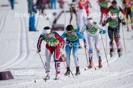 19.02.2014, Sochi, Russia (RUS): Marit Bjoergen (NOR), Kerttu Niskanen (FIN), Stina Nilson (SWE) - XXII. Olympic Winter Games Sochi 2014, cross-country, team sprint, Sochi (RUS). www.nordicfocus.com. © NordicFocus. Every downloaded picture is fee-liable.