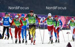 19.02.2014, Sochi, Russia (RUS): Gianluca Cologna (SUI), Dietmar Noeckler (ITA), Tim Tscharnke (GER), Petter Northug (NOR), (l-r) - XXII. Olympic Winter Games Sochi 2014, cross-country, team sprint, Sochi (RUS). www.nordicfocus.com. © NordicFocus. Every downloaded picture is fee-liable.