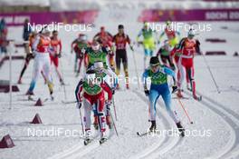 19.02.2014, Sochi, Russia (RUS): Marit Bjoergen (NOR), Kerttu Niskanen (FIN), Stina Nilson (SWE) - XXII. Olympic Winter Games Sochi 2014, cross-country, team sprint, Sochi (RUS). www.nordicfocus.com. © NordicFocus. Every downloaded picture is fee-liable.