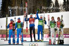 19.02.2014, Sochi, Russia (RUS): Maxim Vylegzhanin (RUS), Nikita Kriukov (RUS), Iivo Niskanen (FIN), Sami Jauhojaervi (FIN), Emil Joensson (SWE), Teodor Peterson (SWE), (l-r) - XXII. Olympic Winter Games Sochi 2014, cross-country, team sprint, Sochi (RUS). www.nordicfocus.com. © NordicFocus. Every downloaded picture is fee-liable.