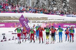 19.02.2014, Sochi, Russia (RUS): Ola Vigen Hattestad (NOR), Hannes Dotzler (GER), Tim Tscharnke (GER), Dario Cologna (SUI), Gianluca Cologna (SUI), Petter Northug (NOR) - XXII. Olympic Winter Games Sochi 2014, cross-country, team sprint, Sochi (RUS). www.nordicfocus.com. © NordicFocus. Every downloaded picture is fee-liable.