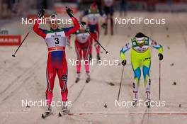 29.11.2014, Ruka, Finland (FIN): (l-r) Marit Bjoergen (NOR), Fischer, Swix, Rottefella and Katja Visnar (SLO), Fischer, Swix, Rottefella, One Way - FIS world cup cross-country, individual sprint, Ruka (FIN). www.nordicfocus.com. © Laiho/NordicFocus. Every downloaded picture is fee-liable.