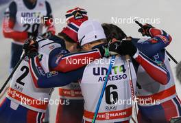 29.11.2014, Ruka, Finland (FIN): norwegian skiers hugging after men's final - FIS world cup cross-country, individual sprint, Ruka (FIN). www.nordicfocus.com. © Laiho/NordicFocus. Every downloaded picture is fee-liable.