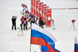 29.11.2014, Ruka, Finland (FIN):  russian flag with start gates in the background - FIS world cup cross-country, individual sprint, Ruka (FIN). www.nordicfocus.com. © Felgenhauer/NordicFocus. Every downloaded picture is fee-liable.