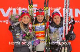 07.12.2014, Lillehammer, Norway (NOR): (l-r) Therese Johaug (NOR), Fischer, Swix, Rottefella, Marit Bjoergen (NOR), Fischer, Swix, Rottefella and Heidi Weng (NOR), Madshus, Swix, Rottefella - FIS world cup cross-country, pursuit women, Lillehammer (NOR). www.nordicfocus.com. © Laiho/NordicFocus. Every downloaded picture is fee-liable.