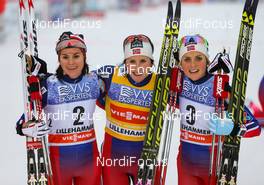 07.12.2014, Lillehammer, Norway (NOR): (l-r) Heidi Weng (NOR), Madshus, Swix, Rottefella, Marit Bjoergen (NOR), Fischer, Swix, Rottefella and Therese Johaug (NOR), Fischer, Swix, Rottefella - FIS world cup cross-country, pursuit women, Lillehammer (NOR). www.nordicfocus.com. © Laiho/NordicFocus. Every downloaded picture is fee-liable.
