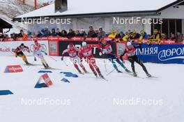14.12.2014, Davos, Switzerland (SUI): Quarterfinal: Josef Wenzl (GER), Len Valjas (CAN), Maciej Starega (POL), Federico Pellegrino (ITA), Gleb Retivykh (RUS), Roman Schaad (SUI), (l-r) - FIS world cup cross-country, individual sprint, Davos (SUI). www.nordicfocus.com. © Rauschendorfer/NordicFocus. Every downloaded picture is fee-liable.