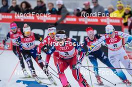 14.12.2014, Davos, Switzerland (SUI): Quarterfinals: Sophie Caldwell (USA), Kikkan Randall (USA), Gaia Vuerich (ITA), Maiken Caspersen Falla (NOR), Anastasia Dotsenko (RUS), Ida Ingemarsdotter (SWE), (l-r) - FIS world cup cross-country, individual sprint, Davos (SUI). www.nordicfocus.com. © Rauschendorfer/NordicFocus. Every downloaded picture is fee-liable.