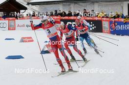 14.12.2014, Davos, Switzerland (SUI): Quarterfinal, Finn Haagen Krogh (NOR), Ola Vigen Hattestad (NOR), Tomas Northug (NOR), Nikolay Morilov (RUS), (r-l) - FIS world cup cross-country, individual sprint, Davos (SUI). www.nordicfocus.com. © Rauschendorfer/NordicFocus. Every downloaded picture is fee-liable.