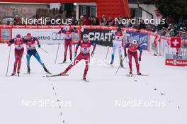 14.12.2014, Davos, Switzerland (SUI): Anders Gloeersen (NOR), Alexej Petukhov (RUS), Tomas Northug (NOR), Finn Haagen Krogh (NOR), Calle Halversson (SWE), Eirik Brandsdal (NOR) (l-r) - FIS world cup cross-country, individual sprint, Davos (SUI). www.nordicfocus.com. © Rauschendorfer/NordicFocus. Every downloaded picture is fee-liable.