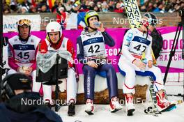 11.01.2014, Chaux-Neuve, France (FRA): (l-r) Magnus Krog (NOR), Fischer, Alpina, Rottefella, Swix, Joergen Graabak (NOR), Fischer, Swix, Alpina, Rottefella, Tim Hug (SUI), Fischer, Alpina, Rottefella, Odlo and Haavard Klemetsen (NOR), Fischer, Swix, Alpina, Rottefella in the cool down area - FIS world cup nordic combined, individual gundersen HS118/10km, Chaux-Neuve (FRA). www.nordicfocus.com. © Becker/NordicFocus. Every downloaded picture is fee-liable.