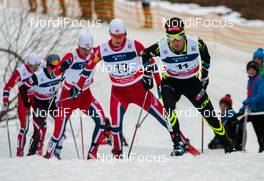 11.01.2014, Chaux-Neuve, France (FRA): Jason Lamy Chappuis (FRA), Salomon, Swix, One Way followed by Joergen Graabak (NOR), Fischer, Swix, Alpina, Rottefella - FIS world cup nordic combined, individual gundersen HS118/10km, Chaux-Neuve (FRA). www.nordicfocus.com. © Becker/NordicFocus. Every downloaded picture is fee-liable.