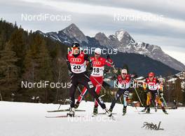 18.01.2014, Seefeld, Austria (AUT): Bill Demong (USA), Jan Schmid (NOR), Alessandro Pittin (ITA), Manuel Faisst (GER), (l-r) - FIS world cup nordic combined, individual gundersen HS109/10km, Seefeld (AUT). www.nordicfocus.com. © Felgenhauer/NordicFocus. Every downloaded picture is fee-liable.