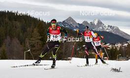 18.01.2014, Seefeld, Austria (AUT): Jason Lamy Chappuis (FRA), Bernhard Gruber (AUT), Fabian Riessle (GER), (l-r) - FIS world cup nordic combined, individual gundersen HS109/10km, Seefeld (AUT). www.nordicfocus.com. © Felgenhauer/NordicFocus. Every downloaded picture is fee-liable.