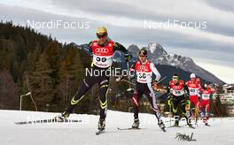 18.01.2014, Seefeld, Austria (AUT): Sebastien Lacroix (FRA), Marco Pichlmayer (AUT), Francois Braud (FRA), Magnus Krog (NOR), Joergen Graabak (NOR), (l-r) - FIS world cup nordic combined, individual gundersen HS109/10km, Seefeld (AUT). www.nordicfocus.com. © Felgenhauer/NordicFocus. Every downloaded picture is fee-liable.