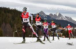 18.01.2014, Seefeld, Austria (AUT): Philipp Orter (AUT), Tim Hug (SUI), Hideaki Nagai (JPN), Samuel Costa (ITA), Mikko Kokslien (NOR), (l-r) - FIS world cup nordic combined, individual gundersen HS109/10km, Seefeld (AUT). www.nordicfocus.com. © Felgenhauer/NordicFocus. Every downloaded picture is fee-liable.