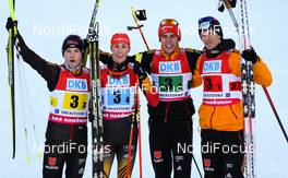 25.01.2014, Oberstdorf, Germany (GER): (l-r) Fabian Riessle (GER), Fischer, One Way, Rottefella, Adidas, Eric Frenzel (GER), Fischer, Leki, Salomon, Adidas, Johannes Rydzek (GER), Fischer, Swix, Rottefella, Adidas and Tino Edelmann (GER), Madshus, Leki, Rottefella, Adidas - FIS world cup nordic combined, team HS137/4x5km, Oberstdorf (GER). www.nordicfocus.com. © Laiho/NordicFocus. Every downloaded picture is fee-liable.