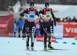 25.01.2014, Oberstdorf, Germany (GER): (l-r) Mattia Runggaldier (ITA), Fischer and Manuel Maierhofer (ITA) - FIS world cup nordic combined, team HS137/4x5km, Oberstdorf (GER). www.nordicfocus.com. © Laiho/NordicFocus. Every downloaded picture is fee-liable.