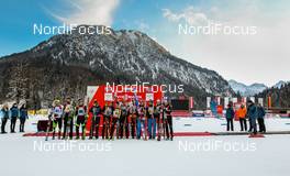 25.01.2014, Oberstdorf, Germany (GER): the best teams at the flower ceremony (l-r) France, Germany and Austria - FIS world cup nordic combined, team HS137/4x5km, Oberstdorf (GER). www.nordicfocus.com. © Laiho/NordicFocus. Every downloaded picture is fee-liable.