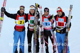 25.01.2014, Oberstdorf, Germany (GER): (l-r) Christoph Bieler (AUT), Madshus, Leki, Rottefella, Loeffler, Marco Pichlmayer (AUT), Salomon, Swix, Loeffler, Mario Stecher (AUT), Madshus, Leki, Rottefella, Loeffler and Wilhelm Denifl (AUT), Salomon, Leki, Loeffler - FIS world cup nordic combined, team HS137/4x5km, Oberstdorf (GER). www.nordicfocus.com. © Laiho/NordicFocus. Every downloaded picture is fee-liable.