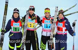 25.01.2014, Oberstdorf, Germany (GER): (l-r) Francois Braud (FRA), Fischer, One Way, Rottefella, Sebastian Lacroix (FRA), Salomon, One Way, Jason Lamy Chappuis (FRA), Salomon, Swix, One Way and Maxime Laheurte (FRA), Fischer, Swix, Rottefella, One Way - FIS world cup nordic combined, team HS137/4x5km, Oberstdorf (GER). www.nordicfocus.com. © Laiho/NordicFocus. Every downloaded picture is fee-liable.