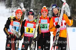 25.01.2014, Oberstdorf, Germany (GER): (l-r) Eric Frenzel (GER), Fischer, Leki, Salomon, Adidas, Fabian Riessle (GER), Fischer, One Way, Rottefella, Adidas, Johannes Rydzek (GER), Fischer, Swix, Rottefella, Adidas and Tino Edelmann (GER), Madshus, Leki, Rottefella, Adidas - FIS world cup nordic combined, team HS137/4x5km, Oberstdorf (GER). www.nordicfocus.com. © Laiho/NordicFocus. Every downloaded picture is fee-liable.