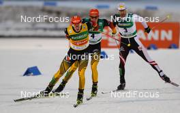28.02.2014, Lahti, Finland (FIN): Eric Frenzel (GER), Fischer, Leki, Rottefella, Adidas followed by Johannes Rydzek (GER), Fischer, Swix, Rottefella, Adidas and Christoph Bieler (AUT), Madshus, Leki, Rottefella, Loeffler - FIS world cup nordic combined, individual gundersen HS130/10km, Lahti (FIN). www.nordicfocus.com. © Laiho/NordicFocus. Every downloaded picture is fee-liable.