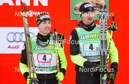 01.03.2014, Lahti, Finland (FIN): (l-r) Francois Braud (FRA), Fischer, One Way, Rottefella and Sebastian Lacroix (FRA), Salomon, One Way - FIS world cup nordic combined, team sprint HS130/2x7.5km, Lahti (FIN). www.nordicfocus.com. © Laiho/NordicFocus. Every downloaded picture is fee-liable.