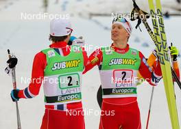 01.03.2014, Lahti, Finland (FIN): (l-r) Joergen Graabak (NOR), Fischer, Swix, Alpina, Rottefella and Haavard Klemetsen (NOR), Fischer, Swix, Alpina, Rottefella - FIS world cup nordic combined, team sprint HS130/2x7.5km, Lahti (FIN). www.nordicfocus.com. © Laiho/NordicFocus. Every downloaded picture is fee-liable.