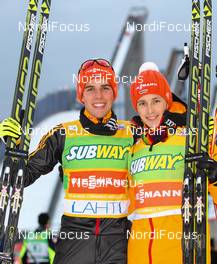 01.03.2014, Lahti, Finland (FIN): (l-r) Johannes Rydzek (GER), Fischer, Swix, Rottefella, Adidas and Eric Frenzel (GER), Fischer, Leki, Rottefella, Adidas - FIS world cup nordic combined, team sprint HS130/2x7.5km, Lahti (FIN). www.nordicfocus.com. © Laiho/NordicFocus. Every downloaded picture is fee-liable.