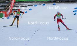 01.03.2014, Lahti, Finland (FIN): (l-r) Johannes Rydzek (GER), Fischer, Swix, Rottefella, Adidas and Joergen Graabak (NOR), Fischer, Swix, Alpina, Rottefella - FIS world cup nordic combined, team sprint HS130/2x7.5km, Lahti (FIN). www.nordicfocus.com. © Laiho/NordicFocus. Every downloaded picture is fee-liable.