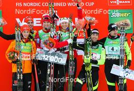 01.03.2014, Lahti, Finland (FIN): (l-r) Eric Frenzel (GER), Fischer, Leki, Rottefella, Adidas, Johannes Rydzek (GER), Fischer, Swix, Rottefella, Adidas, Joergen Graabak (NOR), Fischer, Swix, Alpina, Rottefella, Haavard Klemetsen (NOR), Fischer, Swix, Alpina, Rottefella, Francois Braud (FRA), Fischer, One Way, Rottefella and Sebastian Lacroix (FRA), Salomon, One Way - FIS world cup nordic combined, team sprint HS130/2x7.5km, Lahti (FIN). www.nordicfocus.com. © Laiho/NordicFocus. Every downloaded picture is fee-liable.