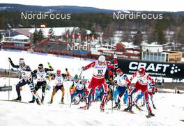 15.03.2014, Falun, Sweden (SWE): Alessandro Pittin (ITA), Francois Braud (FRA), Manuel Faisst (GER), Haavard Klemetsen (NOR), Evgeniy Klimov (RUS), Magnus Moan (NOR), (l-r) - FIS world cup nordic combined, individual gundersen HS100/10km, Falun (SWE). www.nordicfocus.com. © Felgenhauer/NordicFocus. Every downloaded picture is fee-liable.