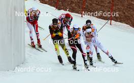 12.02.2014, Sochi, Russia (RUS): (l-r) Tino Edelmann (GER), Madshus, Leki, Rottefella, Adidas, Lukas Klapfer (AUT), Salomon, Swix, Loeffler and Jason Lamy Chappuis (FRA), Salomon, Swix, One Way - XXII. Olympic Winter Games Sochi 2014, nordic combined, individual gundersen HS106/10km, Sochi (RUS). www.nordicfocus.com. © NordicFocus. Every downloaded picture is fee-liable.