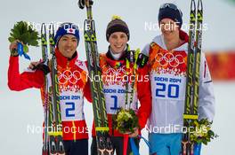 12.02.2014, Sochi, Russia (RUS): (l-r) Akito Watabe (JPN), Fischer, Swix, Rottefella, Eric Frenzel (GER), Fischer, Leki, Salomon, Adidas and Magnus Krog (NOR), Fischer, Alpina, Rottefella, Swix - XXII. Olympic Winter Games Sochi 2014, nordic combined, individual gundersen HS106/10km, Sochi (RUS). www.nordicfocus.com. © NordicFocus. Every downloaded picture is fee-liable.