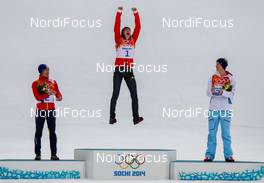 12.02.2014, Sochi, Russia (RUS): (l-r) Akito Watabe (JPN), Fischer, Swix, Rottefella, Eric Frenzel (GER), Fischer, Leki, Salomon, Adidas and Magnus Krog (NOR), Fischer, Alpina, Rottefella, Swix - XXII. Olympic Winter Games Sochi 2014, nordic combined, individual gundersen HS106/10km, Sochi (RUS). www.nordicfocus.com. © NordicFocus. Every downloaded picture is fee-liable.