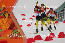 18.02.2014, Sochi, Russia (RUS): Bjoern Kircheisen (GER), Fischer, Leki, Rottefella, Adidas followed by Johannes Rydzek (GER), Fischer, Swix, Rottefella, Adidas and Fabian Riessle (GER), Fischer, One Way, Rottefella, Adidas - XXII. Olympic Winter Games Sochi 2014, nordic combined, individual gundersen HS140/10km, Sochi (RUS). www.nordicfocus.com. © NordicFocus. Every downloaded picture is fee-liable.