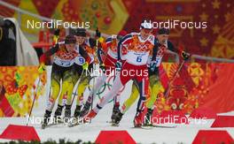 18.02.2014, Sochi, Russia (RUS): (l-r) Johannes Rydzek (GER), Fischer, Swix, Rottefella, Adidas, Fabian Riessle (GER), Fischer, One Way, Rottefella, Adidas, Joergen Graabak (NOR), Fischer, Swix, Alpina, Rottefella and Bjoern Kircheisen (GER), Fischer, Leki, Rottefella, Adidas - XXII. Olympic Winter Games Sochi 2014, nordic combined, individual gundersen HS140/10km, Sochi (RUS). www.nordicfocus.com. © NordicFocus. Every downloaded picture is fee-liable.