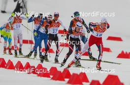 18.02.2014, Sochi, Russia (RUS): Magnus Krog (NOR), Fischer, Alpina, Rottefella, Swix leading the group - XXII. Olympic Winter Games Sochi 2014, nordic combined, individual gundersen HS140/10km, Sochi (RUS). www.nordicfocus.com. © NordicFocus. Every downloaded picture is fee-liable.