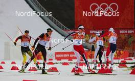18.02.2014, Sochi, Russia (RUS): Joergen Graabak (NOR), Fischer, Swix, Alpina, Rottefella followed by Bernhard Gruber (AUT), Fischer, Rottefella, Loeffler and Bjoern Kircheisen (GER), Fischer, Leki, Rottefella, Adidas - XXII. Olympic Winter Games Sochi 2014, nordic combined, individual gundersen HS140/10km, Sochi (RUS). www.nordicfocus.com. © NordicFocus. Every downloaded picture is fee-liable.