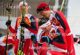 18.02.2014, Sochi, Russia (RUS): (l-r) Haavard Klemetsen (NOR), Fischer, Swix, Alpina, Rottefella, Joergen Graabak (NOR), Fischer, Swix, Alpina, Rottefella and Magnus Moan (NOR), Madshus, Rottefella, Swix - XXII. Olympic Winter Games Sochi 2014, nordic combined, individual gundersen HS140/10km, Sochi (RUS). www.nordicfocus.com. © NordicFocus. Every downloaded picture is fee-liable.